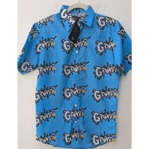 Giovanni La Venganza Men's Shirt Vinyl Blue Short Sleeve Logo Button Up Size S
